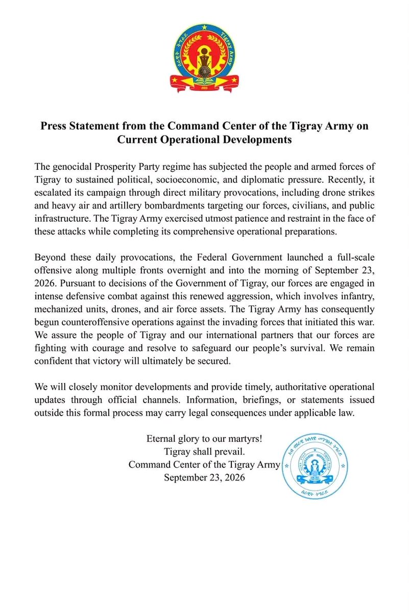 Tigrai_TV's tweet photo. Press Statement from the Command Center of the Tigray Army on Current Operational Developments https://t.co/ICKogvgiqy
