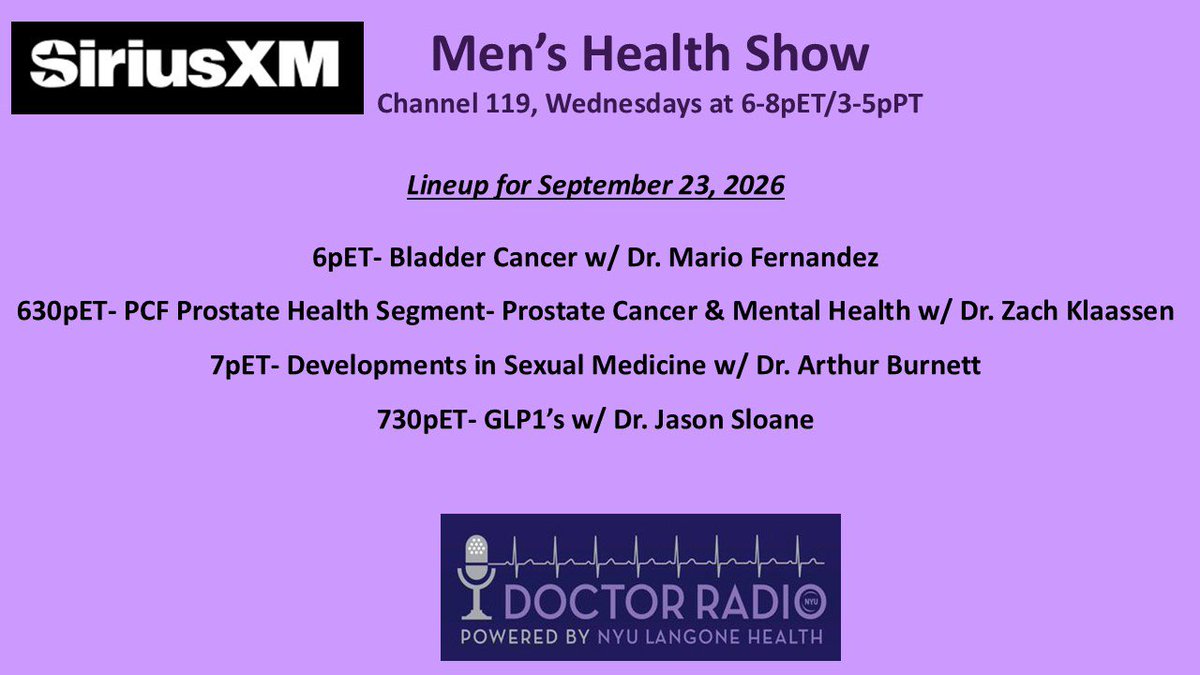 LoebStacy's tweet photo. 🎙️Radio time! Join me today on @SIRIUSXM ch 119 @NYUDocs 6-8pET for an exciting lineup: bladder cancer w @marigfern, prostate cancer &amp; mental health @PCFnews segment w @zklaassen_md, sexual medicine w Dr Arthur Burnett, and GLP1s w Dr Jason Sloane https://t.co/ZFNKejTPmQ