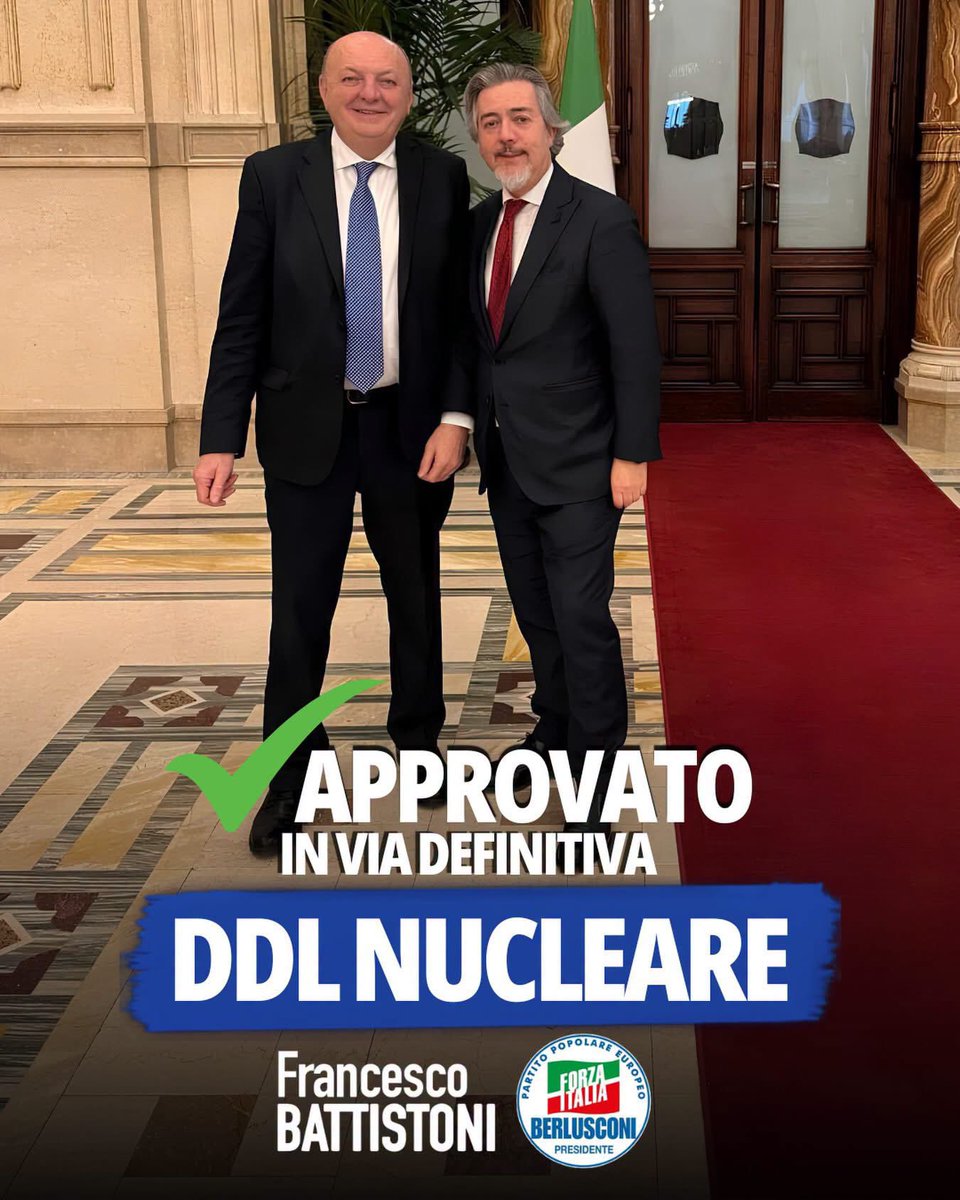 frabattistoni's tweet photo. Promessa mantenuta. L’approvazione definitiva del DDL sul nucleare segna una svolta per l’approvvigionamento energetico. Grazie ad @Antonio_Tajani 
e al Ministro @GPichetto per il lavoro svolto verso una transizione pragmatica e sostenibile. https://t.co/m1ByyrumHo