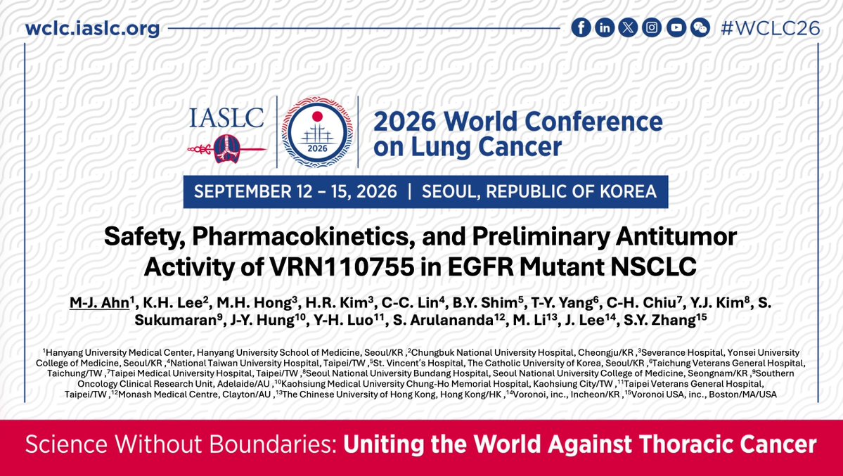 StephenVLiu's tweet photo. Early results from REACH-EGFR trial of VRN110755, a mutant selective EGFR TKI, at #WCLC26 show activity in EGFR C797S (6/6 responses) with ctDNA clearance and early signs of intracranial efficacy. Most common TRAE was rash but no discontinuations due to TRAE in 67 pts. https://t.co/C7WaAVTbHv
