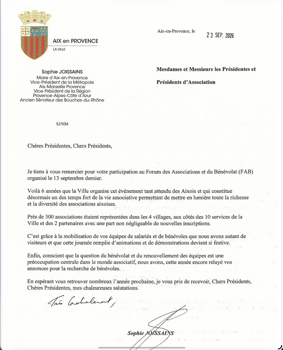 ADMD_Dept13's tweet photo. Remerciements de Sophie Joissains maire d’Aix suite au forum des associations du dimanche 13 septembre
#admd
#mairieaix
#sophiejoissains
#ericchevallier https://t.co/H043BMuy0q