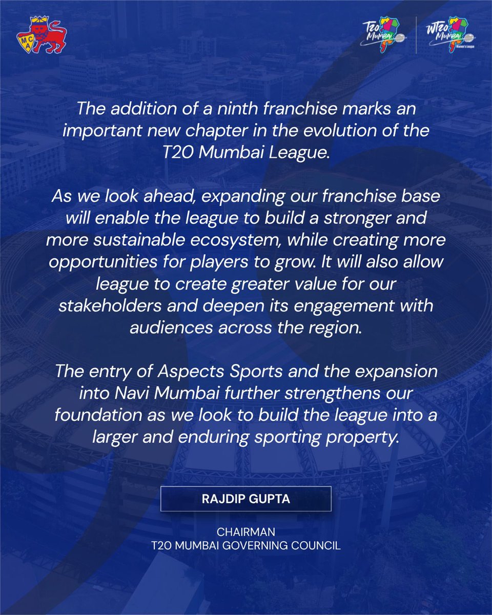 T20Mumbai's tweet photo. Aspect Sports joins the T20 Mumbai League as its ninth franchise.

MCA President Ajinkya Naik, T20 Mumbai Governing Council Chairman Rajdip Gupta and Aspect Global Ventures Executive Chairperson Aksha Kamboj share their thoughts on this new beginning.

#T20Mumbai #MCA #Cricket https://t.co/9fLBnThpUy