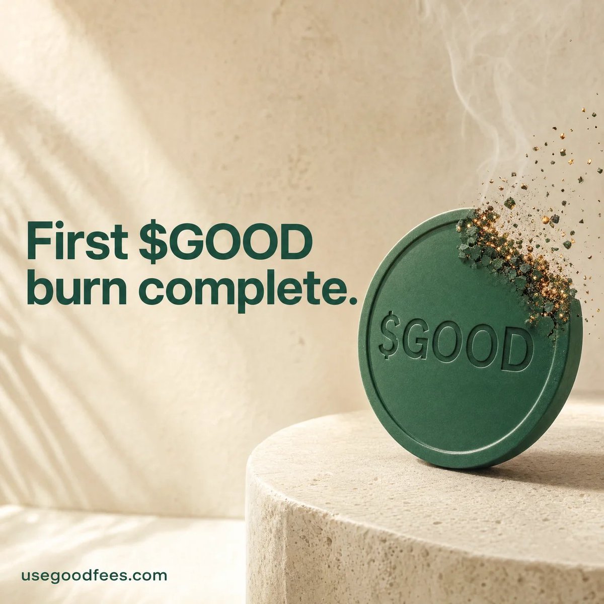 useGoodFees's tweet photo. Our first $GOOD burn is complete. 🔥

The first of many steps forward for GoodFees. 💚

Transaction: https://t.co/OVXRqWfJhF

https://t.co/QbZ8lixPIA https://t.co/fzsjNapvV2