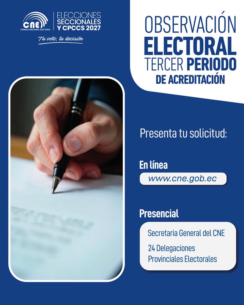 CNE_ElOro's tweet photo. 🔎 ¡Sé parte del proceso!

La #ObservaciónElectoralEc abre un espacio para la participación ciudadana en las #Elecciones2027Ec y la #ElecciónCPCCS2027. 🗳️

📅 La acreditación es voluntaria y el tercer periodo termina este 25 de septiembre.

#ObservaciónElectoralEc https://t.co/qDYUs30EYx