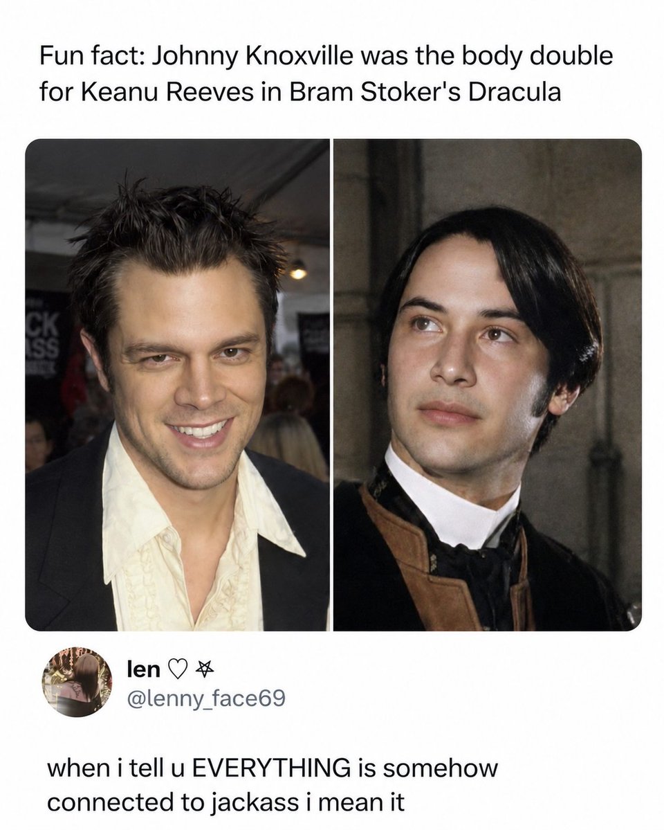 LaureenSfera's tweet photo. The Jackass cinematic universe keeps expanding. 😭 Bram Stoker’s Dracula used miniatures, matte paintings, forced perspective, projections and in-camera effects instead of early digital tech. But the Johnny Knoxville claim appears false—there’s no https://t.co/JamqFy1pa3