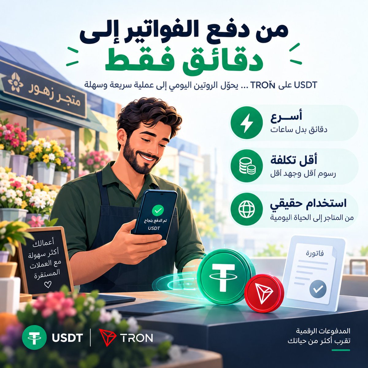 G8TQ6's tweet photo. 💸 أحيانًا، أكبر قيمة للعملات المستقرة لا تظهر في التداول… بل في اختصار دقائق من الروتين اليومي.

تجربة إنريكو، صاحب متجر زهور، تلخص الفكرة ببساطة: ما كان دفعًا شهريًا يتأخر ويستهلك وقتًا وجهدًا، أصبح باستخدام USDT عبر TRON مهمة لا تستغرق سوى دقائق.

وهنا تكمن أهمية القصة. 🚀

تبنّي الـStablecoins لا يحتاج دائمًا إلى سيناريوهات معقدة أو استخدامات مستقبلية بعيدة؛ القيمة الحقيقية تبدأ عندما تجعل عملية عادية — دفع فاتورة، تحويل أموال، أو تسوية مستحقات — أسرع وأسهل وأقل احتكاكًا.

بالنسبة لقطاع الكريبتو، هذه هي النقلة التي تستحق المتابعة: من أصل يُتداول على المنصات إلى وسيلة دفع تدخل في تفاصيل الحياة اليومية.

وعندما يصبح استخدام USDT جزءًا طبيعيًا من عمليات التجار، فالمنافسة في عالم العملات المستقرة لن تكون فقط حول حجم المعروض أو عدد المحافظ… بل حول من يستطيع جعل المال الرقمي أكثر سهولة في الاستخدام. 🌐

الخلاصة: مستقبل الـStablecoins قد لا يبدأ من الصفقات الكبيرة، بل من تلك المدفوعات الصغيرة التي تجعل المستخدم يقول ببساطة: لماذا كانت العملية معقدة من الأساس؟

#TGF #TRON
#TRONGlobalFriends