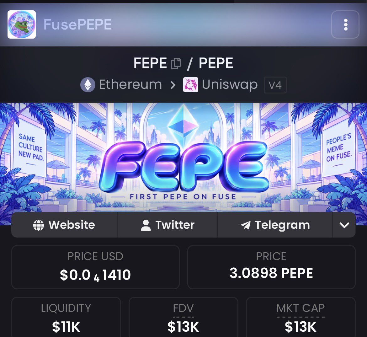 Manchester11D38's tweet photo. What type of PEPE Maxi would I be if i didn’t ape a bag into @fusepepe 🫶🏼. I do believe $FUSE will be the leading launch pad on ETH, and Frogs always run on ETH. Don’t go to crazy it’s only a tiny MC.

0xF17ffDA4Aa72eb2a3f599629C463e113628a1111 https://t.co/NiRywVzARV