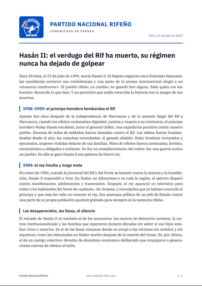 Parti_N_Rifain's tweet photo. Hace 28 años moría Hasán II, el verdugo del Rif. Las bombas de 1958-59, las balas de 1984, los desaparecidos, las fosas comunes. Su régimen nunca ha dejado de golpear: #Hirak, #Ceuta 2021 y 2026.

El pueblo rifeño nunca olvidará. Nunca perdonará.

#FREE_Rif #PNR https://t.co/bbWVeS1YXR
