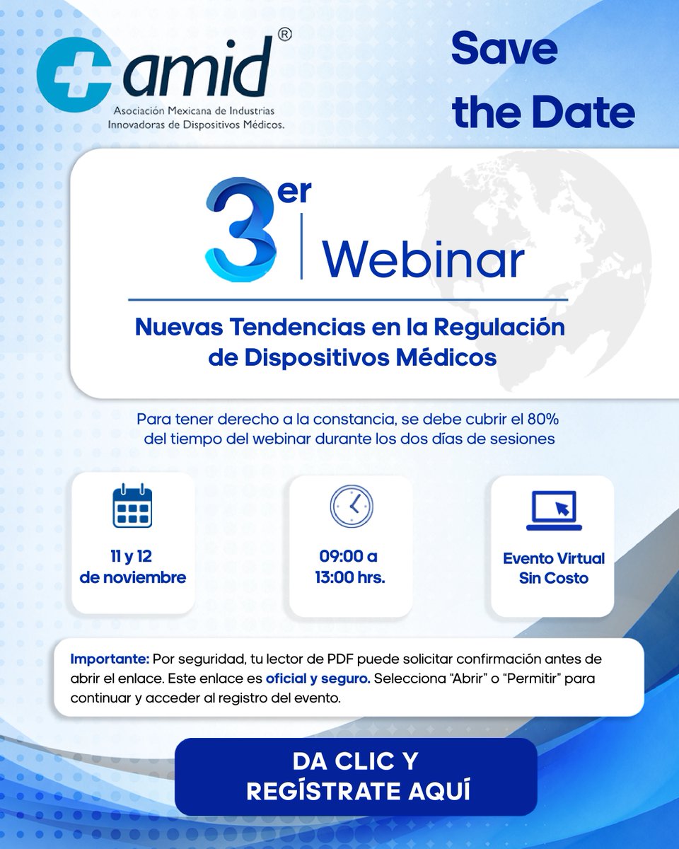 amidmx's tweet photo. Te invitamos al 3er Webinar “Nuevas Tendencias en Regulación de Dispositivos Médicos”, este 11 y 12 de noviembre de 2026.

Un espacio para conocer y analizar los cambios y tendencias que marcan el entorno regulatorio del sector.

Regístrate aquí: https://t.co/zzwg4WYc3d https://t.co/teREXcLUqn