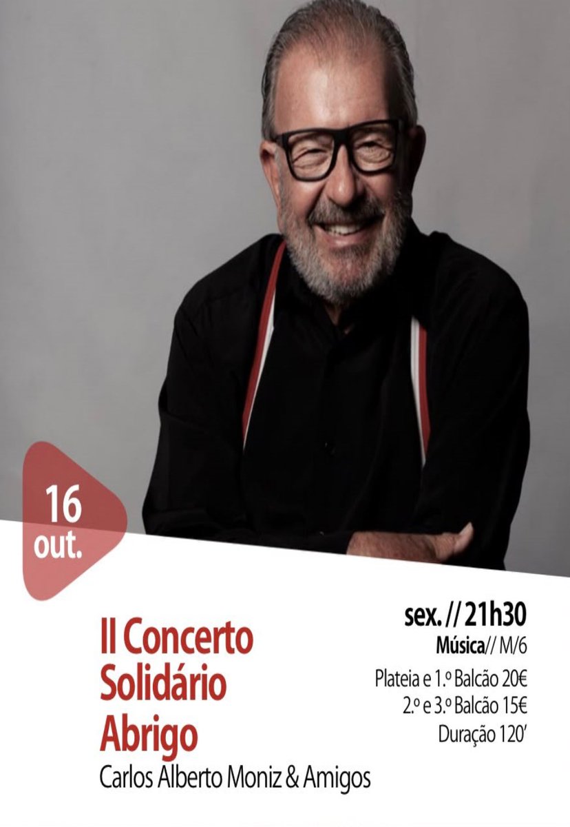 projacorent's tweet photo. II Concerto Solidário Abrigo
Carlos Alberto Moniz &amp; Amigos

Sexta, 16 de outubro, 21h30
Cinema-Teatro Joaquim de Almeida, Montijo

Plateia e 1.º balcão 20€
2.º e 3.º balcão 15€

Bilhetes: https://t.co/SKISjuv957

Seja solidário. Marque presença. https://t.co/aZuT09QQ8Q