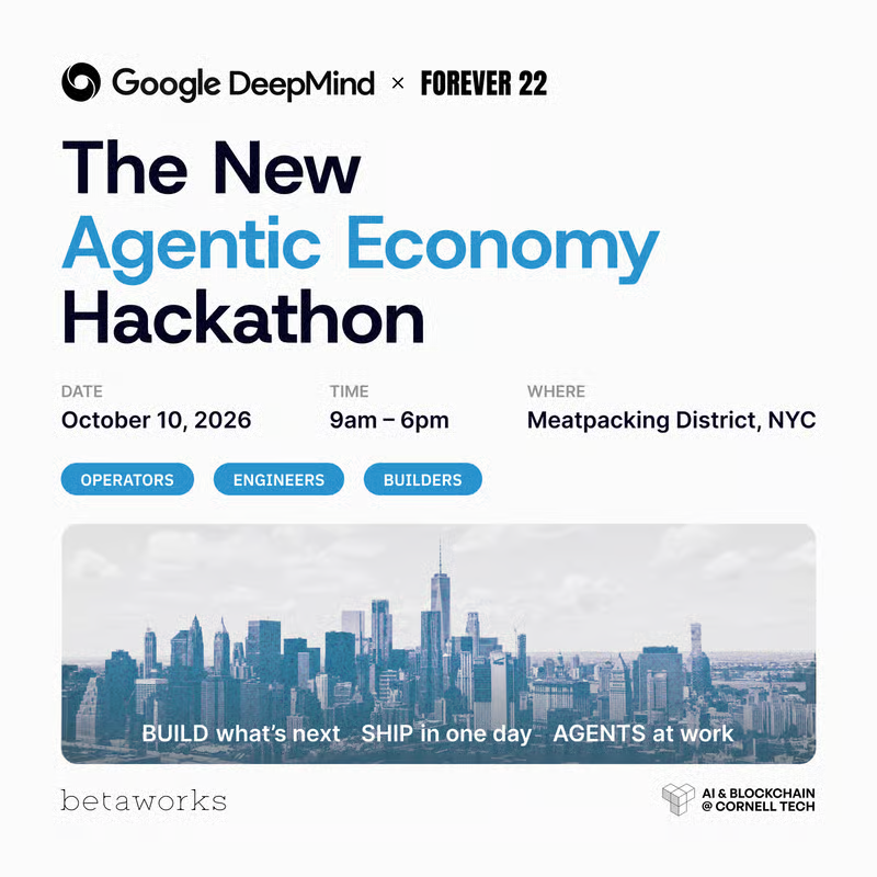 forever22ai's tweet photo. What does the agentic economy look like? AI agents that listen, reason, and do real work.

Oct 10, NYC: build with Forever 22, @GoogleDeepMind, @betaworks and @AIBlockchainNYC. Ship in a day. $3K prize pool in credits.

Limited spots: https://t.co/OHUSTq4Qyh https://t.co/cH93s9lbDv