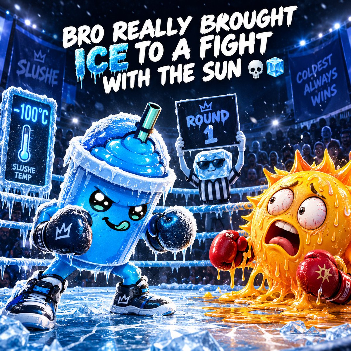 Buike_5's tweet photo. Bro really thought he could survive the cold 😂🧊

SLUSHE pulled up, and the sun started melting before the first round even began. 💀☀️

Cold enough to make the sun tap out. 🥶

@SlusheCoin #SLUSHE https://t.co/IASqssJv4G