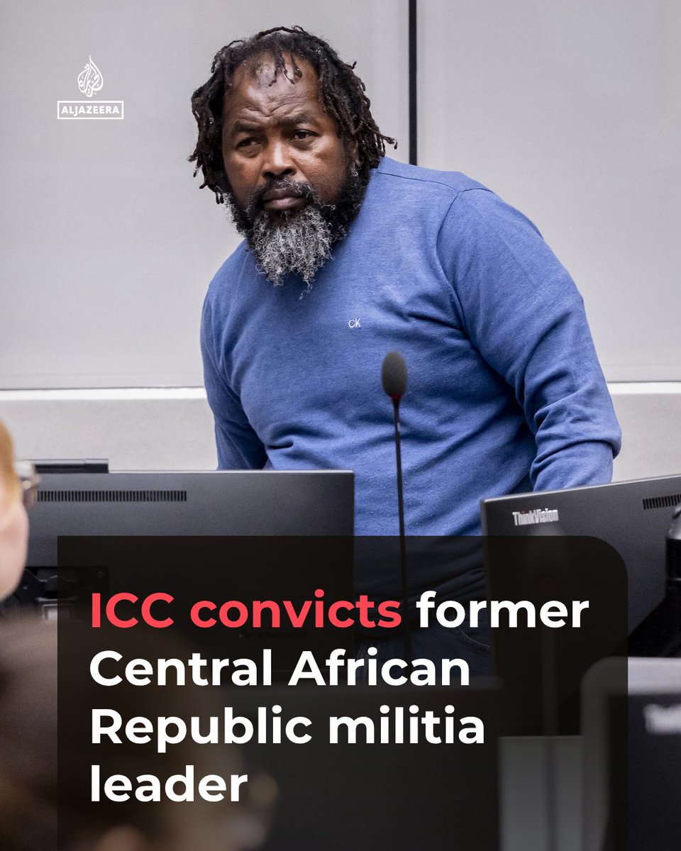 AJEnglish's tweet photo. The International Criminal Court (ICC) has convicted a Central African Republic militia commander of crimes against humanity, including torture.

Read more: https://t.co/HRJ73uEKZD https://t.co/516nReu7pX