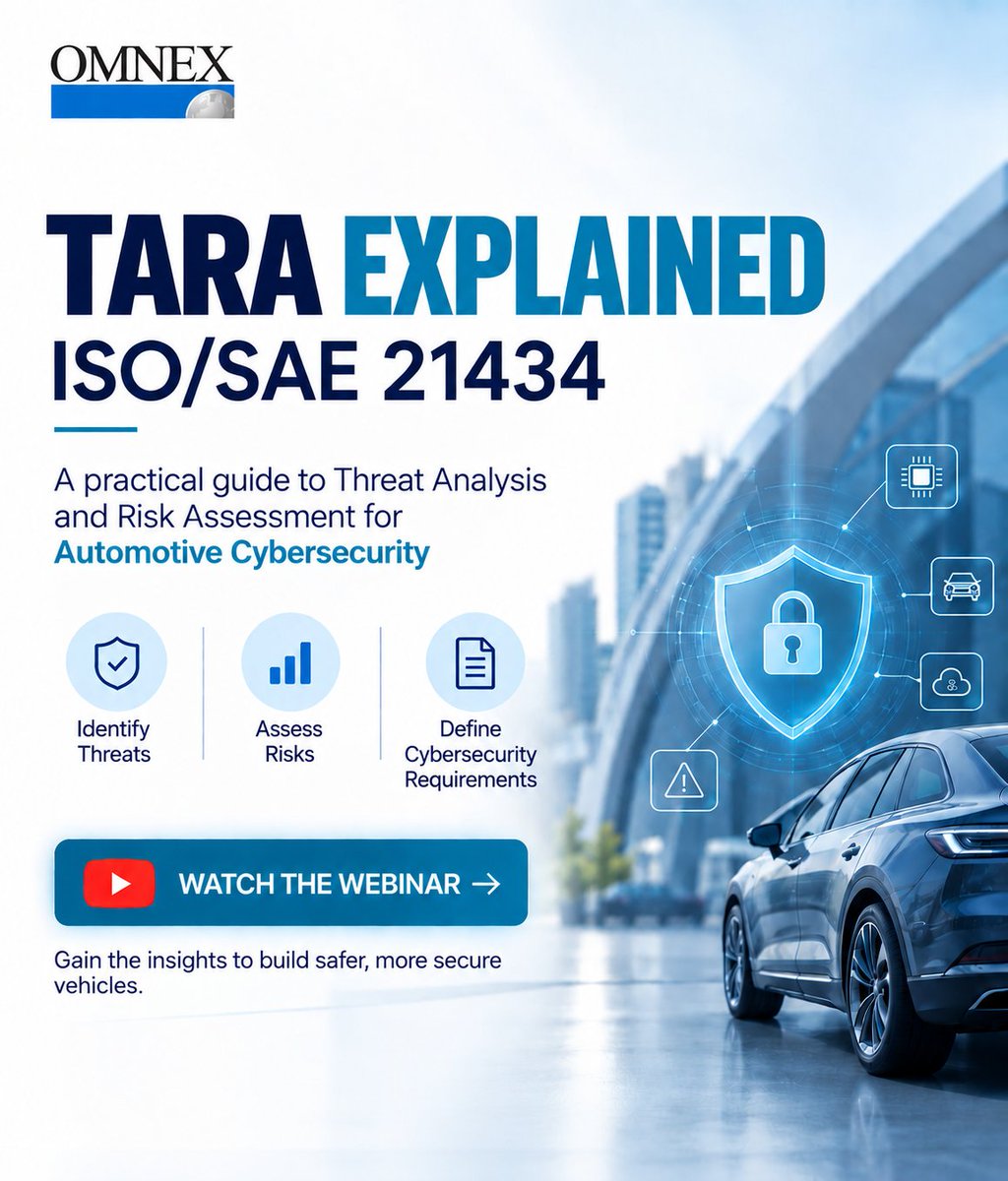 omnexglobal's tweet photo. 🎥 Watch the webinar and strengthen your understanding of TARA and ISO/SAE 21434.
👉 Watch Now: https://t.co/3Zy8oVXix6
#TARA #ISO21434 #AutomotiveCybersecurity #Cybersecurity #AutomotiveEngineering #VehicleCybersecurity #ThreatAnalysis #RiskAssessment #Automotive #Omnex https://t.co/T3L9tjCmwq
