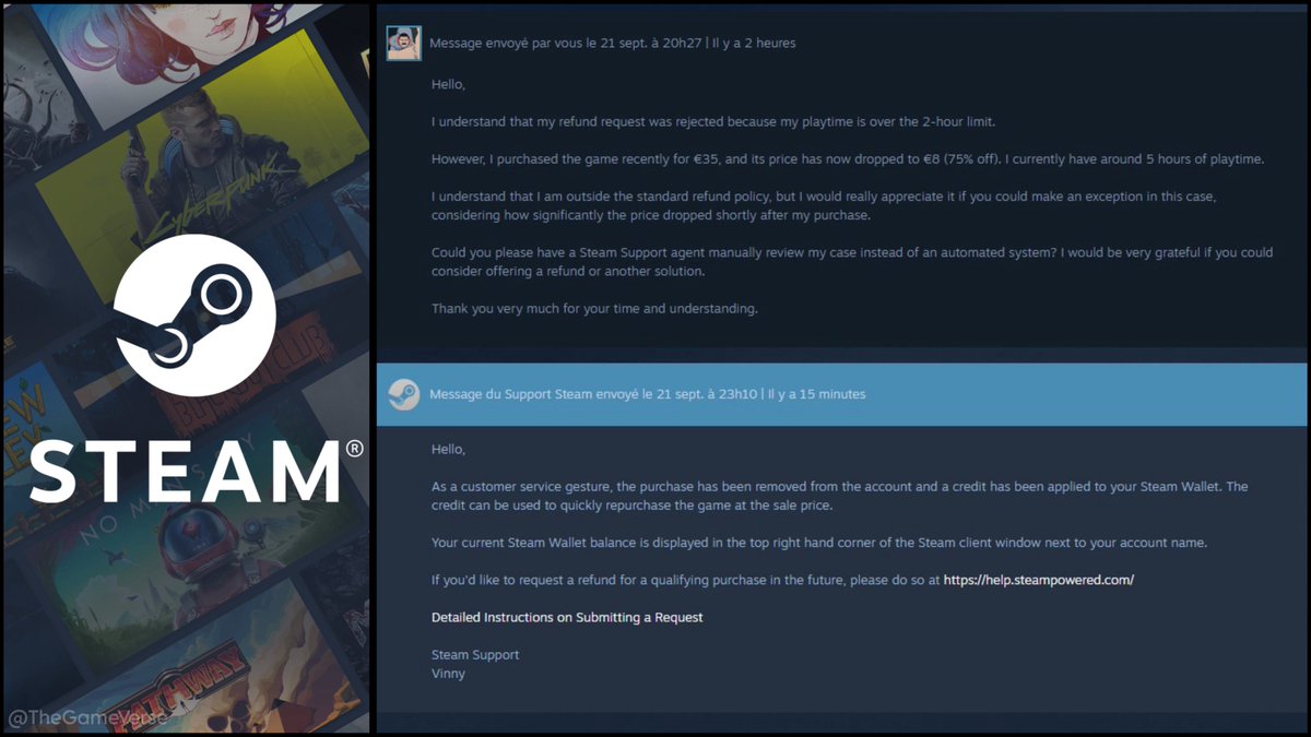 TheGameVerse's tweet photo. Steam Customer Support Is Actually GOATED. 

A player bought a game for €35. The same day, it dropped 75% to just €8.

He already had 5 hours played, well past the usual 2-hour refund window, and he knew it.

Still, he politely explained the situation to Steam Support and asked if a human could take a look instead of relying on the automated system.

A few hours later, Steam replied.

They removed the purchase from his account and refunded the full €35 as Steam Wallet credit, so he could simply buy the game again at the new €8 price.

No lecture. No “policy is policy.” Just a quiet customer service gesture.

That’s the kind of move that turns a frustrated customer into someone who’ll defend the store for years. Valve didn’t have to do this. Most platforms probably wouldn’t. They did it anyway.

Gaben sitting there doing nothing and still winning remains undefeated.