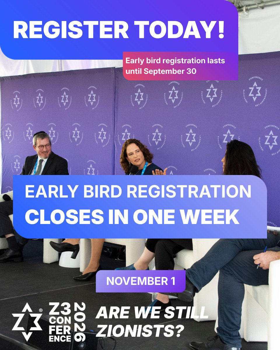 z3_project's tweet photo. One week left for early bird registration.

On Nov. 1, the Z3 Conference returns to Palo Alto around this year’s theme: Are We Still Zionists?

What does Zionism mean now? What binds Jews in Israel and the Diaspora? And what does Jewish agency require of us?

Early bird ends Sept. 30 → https://t.co/Ln4cOognN7