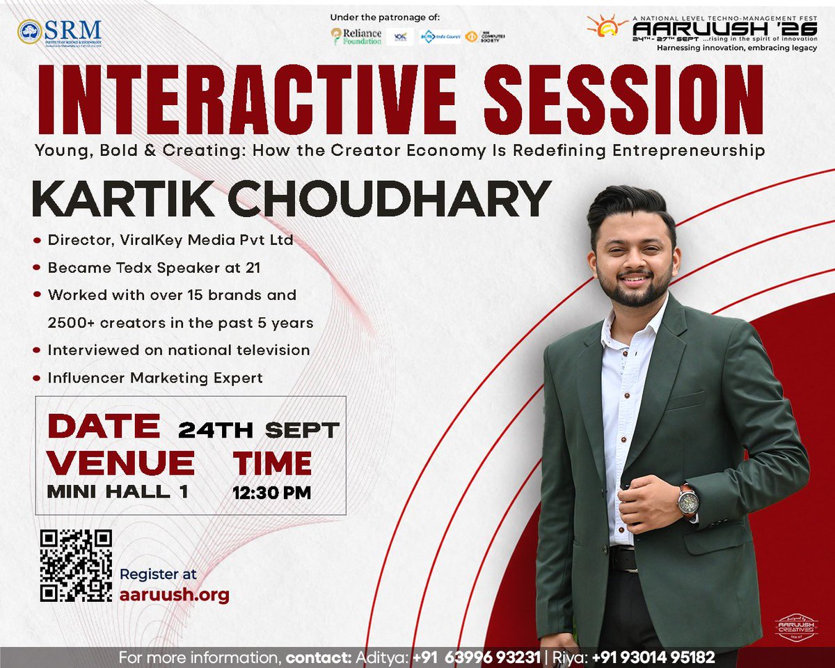 aaruushsrmist's tweet photo. Want to build a business in the creator economy? 🚀
Join TEDx speaker Mr Kartik Choudhary to learn how creators build brands
24th Sept | 12:30 PM | Mini Hall 1
🔗 https://t.co/68uNR8uCoX
#GuestLecture #KartikChoudhary #seeyouattheevent #Aaruush #SRMIST https://t.co/O4WdEr0td6