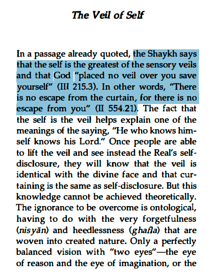 harrishanafite's tweet photo. the Shaykh [Ibn 'Arabi] says the self is the greatest of the sensory veils and that God "placed no veil over you save yourself" In other words, "There is no escape from the curtain" for there is no escape from you" https://t.co/ndRkbAQd15