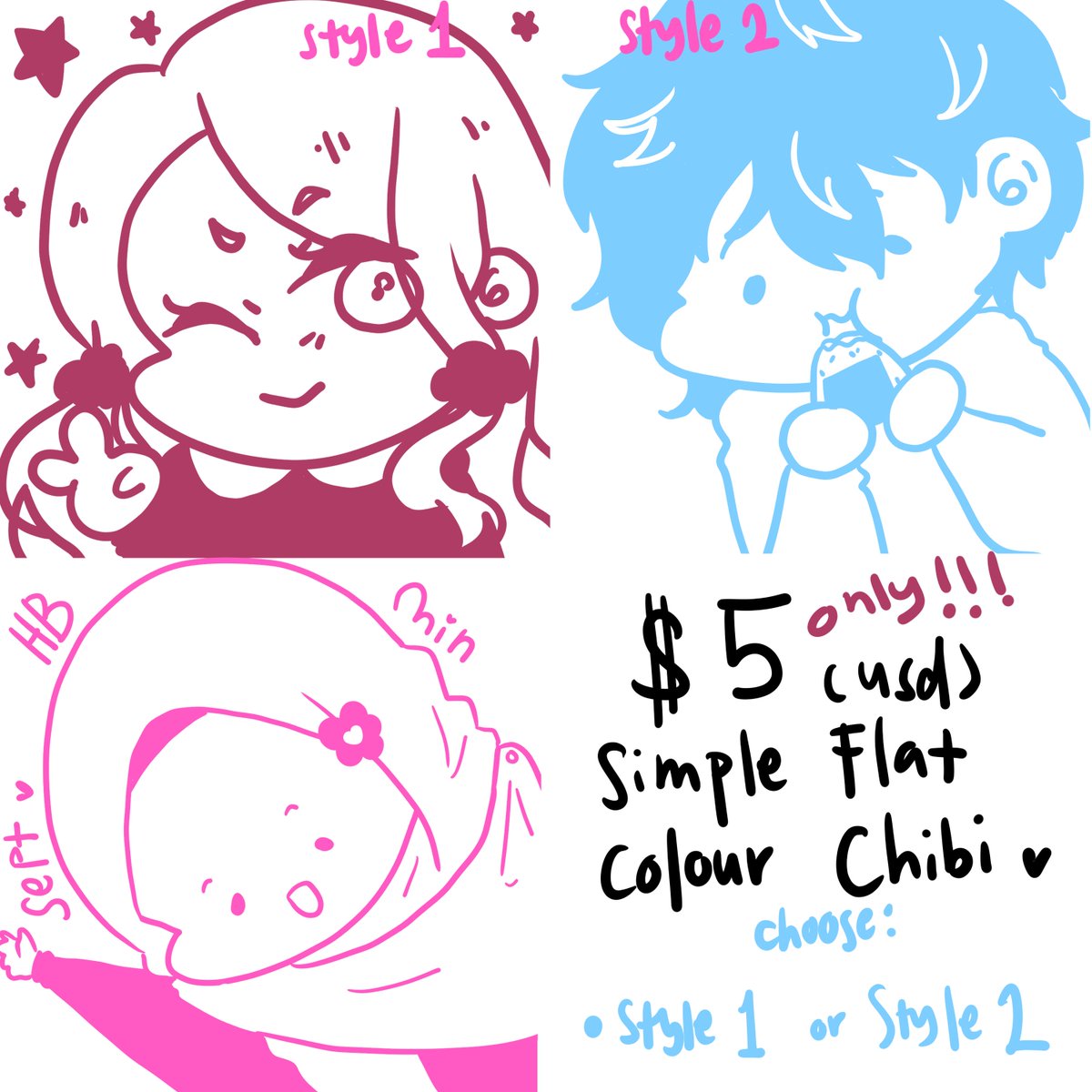 yoridesu15's tweet photo. Simple Flat Colour #Chibi Commissions: OPEN
$5usd only!
A friend of mine requested me to open this type of commission for her. And I thought might as well open it for public too💖
If you're on a tight budget but still want to #commission your fav characters, hmu.
#artcomms https://t.co/n9Y4tBeXKQ