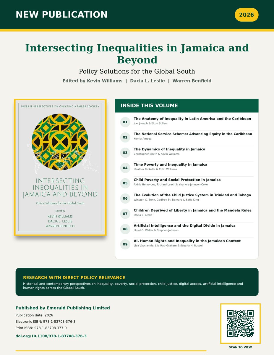 SALISESMona's tweet photo. New publication: Intersecting Inequalities in Jamaica and Beyond, edited by Kevin Williams, Dacia L. Leslie &amp; Warren Benfield. Explore poverty, social protection, child justice, AI, human rights and inequality in the Global South. https://t.co/smeZJ1JcPS https://t.co/A0TueslSik