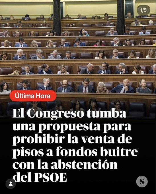 Antonperilon's tweet photo. Hay abstenciones que casi duelen más que votar a FAVOR de no prohibir la venta de pisos a fondos buitre.
Son abstenciones, cargadas de hipocresía y de cobardía, para que no parezca que PP y PSOE, en cuestiones de salvar a los ricos, son IGUALES. https://t.co/zC88jTykPY