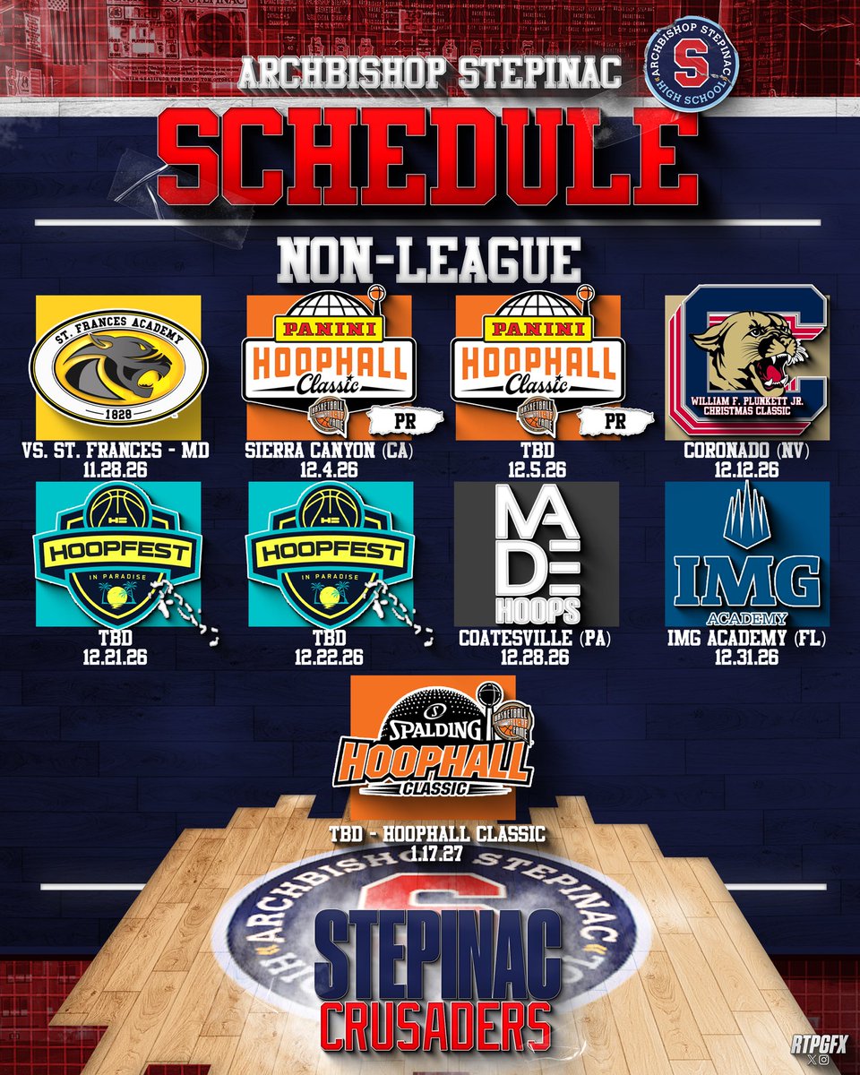 step_basketball's tweet photo. 🏀 THE 2026-27 NON-LEAGUE SCHEDULE IS HERE!

We’re excited to officially release our 2026-27 Non-League Schedule! The full schedule, including all 15 CHSAA “AA” League Games, will be released by the end of the month.

Here’s a look at our 9 Non-League Games 👇

🔥 GAME 1 | SEASON & HOME OPENER
📅 Saturday, November 28
📍 Home
🆚 St. Frances Academy (MD)
The season tips off against Maryland powerhouse St. Frances Academy!

🌴 GAMES 2 & 3 | HOOPHALL CLASSIC – PUERTO RICO
📅 December 4-5
📍 San Juan, Puerto Rico
🆚 Sierra Canyon (CA)
A traditional 4-team bracket featuring an opening-round matchup against Sierra Canyon. The Championship or Consolation Game will follow on Saturday against Wheeler (GA) or Bishop O’Connell (VA).

🏆 GAME 4 | WILLIAM F. PLUNKETT JR. CLASSIC
📅 Saturday, December 12
📍 Westchester County Center
🆚 Coronado High School (NV)
We’ll host the defending Nevada public school champions in the 2026 William F. Plunkett Jr. Classic!

🌴 GAMES 5 & 6 | HOOPFEST IN PARADISE
📅 December 21 & 22
📍 Bahamas 🇧🇸
🆚 Opponents TBA
Back to the Bahamas! After going 2-0 at Hoopfest in Paradise two years ago, we return for two showcase games against opponents to be announced.

⭐ GAME 7 | MADE HOOPS HOLIDAY CLASSIC
📅 Monday, December 28
📍 Brooklyn, NY
🆚 Coatesville (PA)
A matchup against Coatesville, featuring one of the top players in the 2028 class, at the Made Hoops Holiday Classic!

🔥 GAME 8 | NEW YEAR’S EVE SHOWDOWN
📅 New Year’s Eve
📍 Home
🆚 IMG Academy (FL) 
We’ll close out 2026 with a New Year’s Eve afternoon showdown against national powerhouse IMG Academy!

🏀 GAME 9 | HOOPHALL CLASSIC
📅 MLK Weekend
📍 Springfield, MA
🆚 Opponent TBA
The final non-league game takes us to the famed Spalding Hoophall Classic in Springfield, Massachusetts. Opponent, date and exact time to be announced!

9 GAMES - ONE BIG-TIME SCHEDULE. 🔥

Stay tuned for the release of our FULL 2026-27 SCHEDULE later this month!
Edit: @rtpgfx 
#Stepinac #NY #StepinacHS #DefineYourFuture