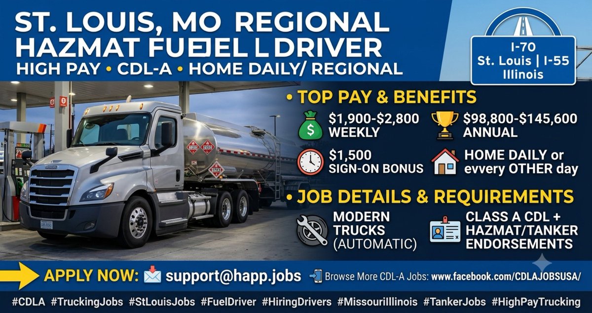 SKoloskov8223's tweet photo. 🔥 NOW HIRING: CDL-A Fuel Tanker Drivers in St. Louis, MO!💰 Up to $2,800/week ($145K+ yearly) $1,500 Sign-On BonusConsistent home time (daily/every other day) Req: Class A CDL + HazMat & Tanker
https://t.co/wZpFBYRyLm
#CDLA #TruckingJobs #StLouisJobs #FuelDriver #HazmatTanker https://t.co/waIaNJ0LN1