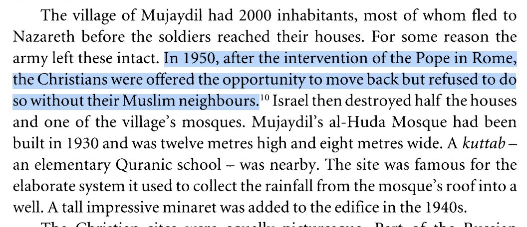 _ZachFoster's tweet photo. In 1948, Israel depopulated the Palestinian village of Mujaydil, whose 2,000 residents found refuge in Nazareth, 6km away. 

In 1950, the Pope in Rome intervened to push Israel to allow them to return.

The Christians were offered the opportunity to move back but refused to do so without their Muslim neighbors.

Israel then destroyed half the houses in the village. Source:
https://t.co/FjqokaqzcV