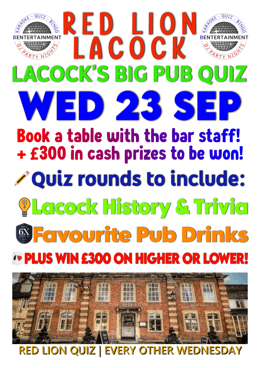 ItsBentertains's tweet photo. Plenty of cash prizes this evening in #Lacock as part of the Red Lion #quiznight! Arrive with a friend or two, after 7 pm to guarantee fun and games, and the chance to show off your trivia knowledge! #pubquiz #Wadworth https://t.co/PBN6FdK0w9