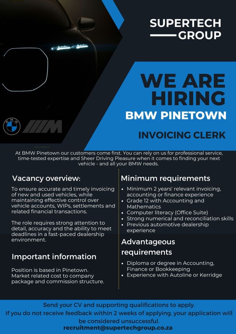 RMakukuli's tweet photo. The Supertech Group is expanding its team and is looking for talented and experienced individuals to join its various dealerships.

CURRENT OPPORTUNITIES

📍 Newcastle & Shelly Beach
• Vehicle Costing & Warranty

📍 Pinetown
• Invoicing Clerk
• Financial Administrator
• AUC Sales Executive
• DSP Sales Executive

📍 Durban
• Financial Administrator
• AUC Sales Executive
• DSP Sales Executive

🎓 IMPORTANT
• Preference will be given to candidates with previous Motor Industry experience.
• Carefully review the requirements and criteria for each position before applying.
• Only apply if you meet the minimum requirements.

📩 How to Apply:
Send your application to recruitment@supertechgroup.co.za

📢 Share this opportunity with someone who may qualify.