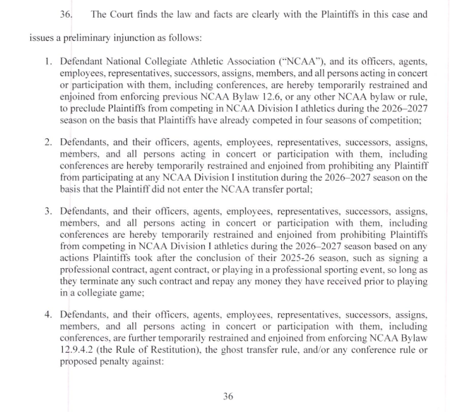 samcehrlich's tweet photo. The injunction order is also very broad. Not only must the NCAA allow all 100+ players to play but:

- The NCAA can't stop athletes who didn't enter the portal from playing for a new school
- The NCAA can't apply any professionalism rules
- The NCAA must open a new portal window https://t.co/6dJik0U4MD