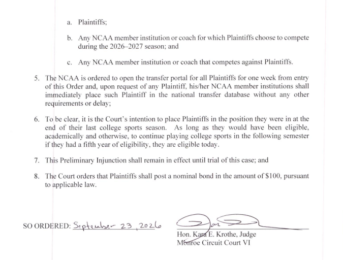 samcehrlich's tweet photo. The injunction order is also very broad. Not only must the NCAA allow all 100+ players to play but:

- The NCAA can't stop athletes who didn't enter the portal from playing for a new school
- The NCAA can't apply any professionalism rules
- The NCAA must open a new portal window https://t.co/6dJik0U4MD