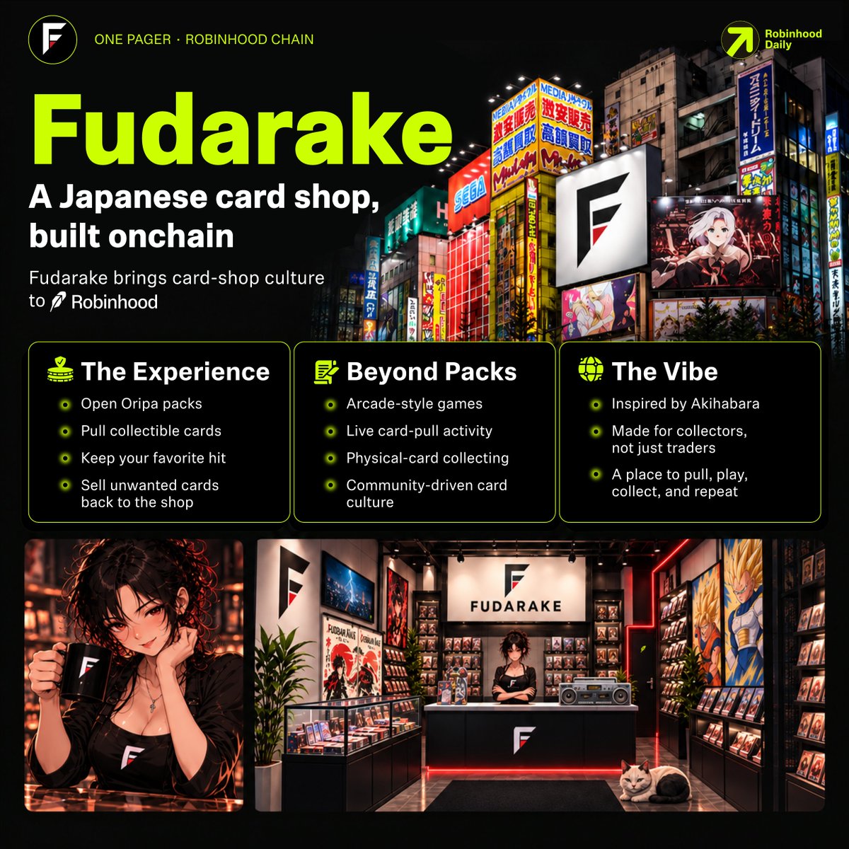 RHDaily__'s tweet photo. Introducing @Fudarake.

Fudarake is bringing the Japanese card-shop experience onchain, exclusively on Robinhood Chain.

The concept is familiar to collectors in Japan:

- Open an Oripa pack
- Pull a card
- Keep the hit you like
- Or sell it back to the shop

But the model is being rebuilt around an onchain arcade and a physical-card treasury.

Fudarake is building a collectible loop where activity inside the shop can support real card acquisition, treasury growth, and token buybacks.

What is live today:

- Oripa packs, including high-end card pulls
- An arcade layer with Catch’em All
- Live visibility into cards pulled by other players
- A growing card-focused community treasury
- Collectibles and game mechanics connected to onchain activity