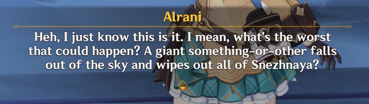 BlueminSpring's tweet photo. This about to happen to Snezhnaya all because somehow the story will never allow Alrani to graduate and finish her thesis~😌

Nod-Krai gave a sigh of relief when Alrani wasn’t able to do her research there https://t.co/MFeCfMeeel