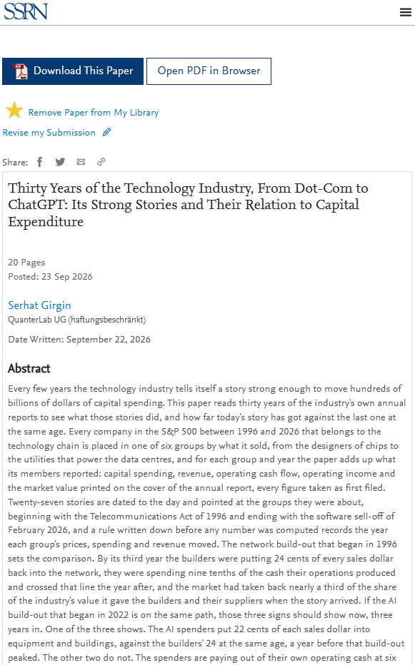 QuanterLab's tweet photo. Thirty Years of the Technology Industry, From Dot-Com to ChatGPT: Its Strong Stories and Their Relation to Capital Expenditure
(September 22, 2026). Available at SSRN: https://t.co/gjDeGvfrZm or https://t.co/UNoQOsBTmO https://t.co/YVYgZU0Tuo