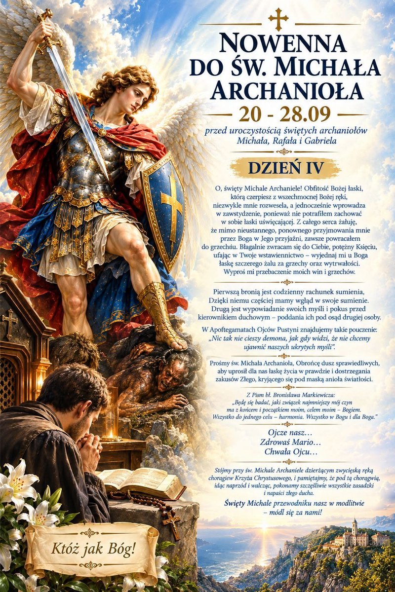 SzczecinaZe's tweet photo. 23.09.2026
🔔DZIEŃ IV
Nowenna do św. Michała Archanioła 20 - 28.09 przed uroczystością świętych archaniołów Michała, Rafała i Gabriela.
Święty Michale, wspomóż nas we wszystkich próbach wierności chrześcijaństwu.
#Litania #śwArchanioł https://t.co/yz7tlo4Auy