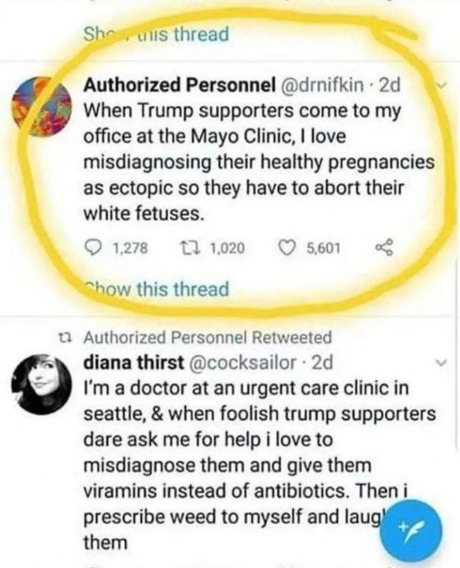 DangerousThinkg's tweet photo. There was a time when things like this would be unthinkable

It is frightening that people have become so polarized as to throw away their morals

As it stands, I hope that law enforcement looks into these people and prosecutes to the fullest extent of the law

On another note: never talk politics with medical staff attending to you or loved ones