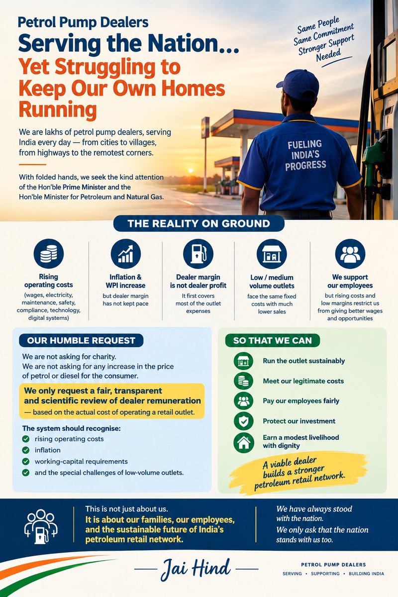 HemantSirohi1's tweet photo. Serving India Every Day. Seeking a Sustainable Livelihood. 🇮🇳

Lakhs of Petrol Pump Dealers across the country work every day to keep India moving — from highways to villages, in normal times and in emergencies.

We are proud of our responsibility. But today, the economics of running a retail outlet are becoming increasingly difficult.

Dealer margin is not dealer profit.

From the same margin, dealers have to meet rising costs of wages, electricity, maintenance, safety, compliance, technology, digital systems and working capital.

Inflation and operating costs have increased, while dealer remuneration has not kept pace.

For low and medium-volume outlets, the challenge is even greater — fixed costs remain high while sales remain limited.

And this is not only about dealers.

We have also stood by our employees, providing employment and striving to give them a decent wage and livelihood. But when the economics of the outlet itself become difficult, our ability to provide better wages and opportunities to our employees is also restricted.

We are not asking for charity.
We are not asking for higher fuel prices for the consumer.

We are humbly seeking a fair, transparent and scientific review of dealer remuneration, based on the actual cost of operating a retail outlet, with appropriate consideration for low-volume outlets.

A viable dealer means:

• A sustainable retail outlet
• Better and stable employment
• Protected investment
• Dignified livelihoods
• A stronger petroleum retail network

We have always stood with the nation.

We only request that the hands that keep India moving are also given a fair opportunity to move their own families forward.

We respectfully seek the kind attention and intervention of the Hon’ble Prime Minister and the Hon’ble Minister for Petroleum & Natural Gas.

A viable dealer builds a stronger petroleum retail network.

🇮🇳 Jai Hind 🇮🇳

#PetrolPumpDealers #DealerRemuneration #DealerMargin #FuelDealers #PetroleumRetail #DealerViability #IndianPetroleum #Livelihood #JaiHind 
@narendramodi @PMOIndia @HardeepSPuri @PetroleumMin @Secretary_MoPNG @BPCLimited @HPCL @IndianOilcl @CMD__HPCL @ChairmanIOCL @cmdbpcl