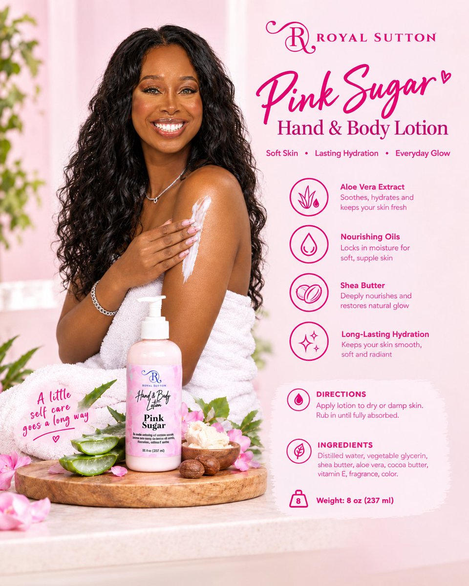 royalsuttonskin's tweet photo. A smooth blend of aloe extract, nourishing oils, shea butter & cocoa butter for a moisturizing hand & body care experience.
Apply to dry or damp skin and massage generously, especially on extra-dry areas
https://t.co/2PXBJ2bvGn
.
#PinkSugar #RoyalSutton #BodyLotion #Skin #love https://t.co/wskIqCw0fA