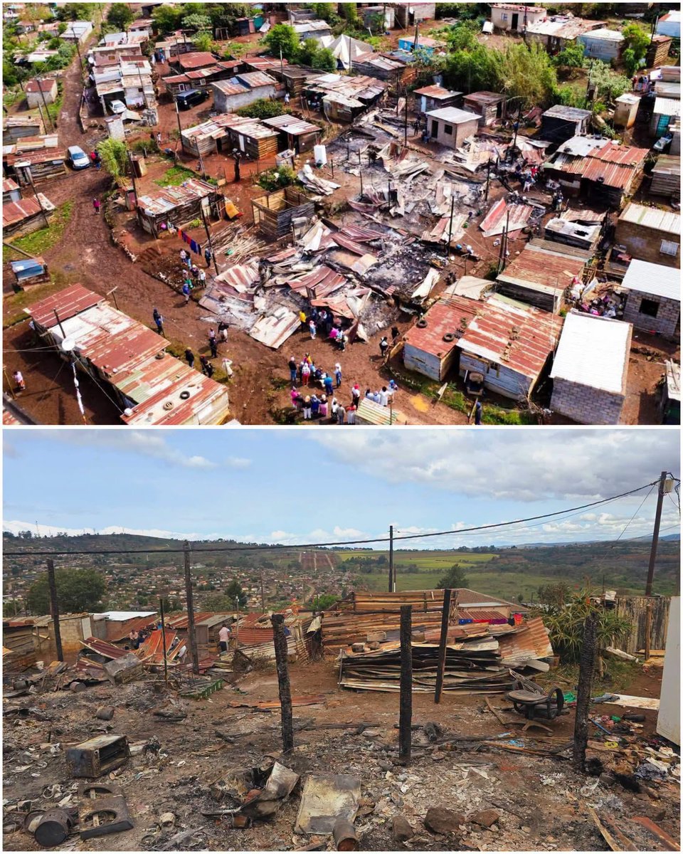 JacintaNgobese's tweet photo. This is Swapo in PMB where 20 Informal settlements burnt down, the owner of all of these informal houses is a foreigner and he was making people pay rent to live there! Of the 20 people renting to him only one was a South African and the rest were all illegal foreigners… Now imagine the entire community is made up of non-South Africans and in the not so distant future this will be our reality and a very normal one ‼️‼️‼️ Cry the Beloved Country