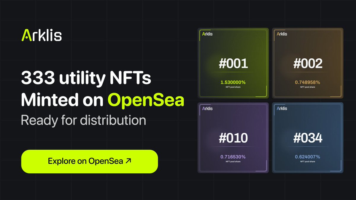 arklisdotapp's tweet photo. Arklis Genesis is officially minted and revealed on OpenSea.

333 utility NFTs on Arc, ready for distribution.

Each NFT carries a defined share of the holder pool, which receives 60% of protocol fees.

Explore the collection ↓ https://t.co/ih51fDVqgg