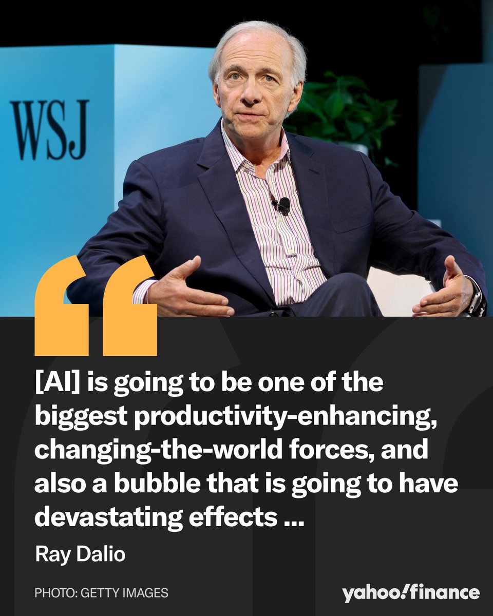 YahooFinance's tweet photo. .@RayDalio's take on AI is split down the middle: a historic productivity boom for some, and a bubble with painful consequences for others. 

In a new video posted by the World Economic Forum, Dalio poses a question for all of us: can we come together to get AI's benefits without the harmful side effects?