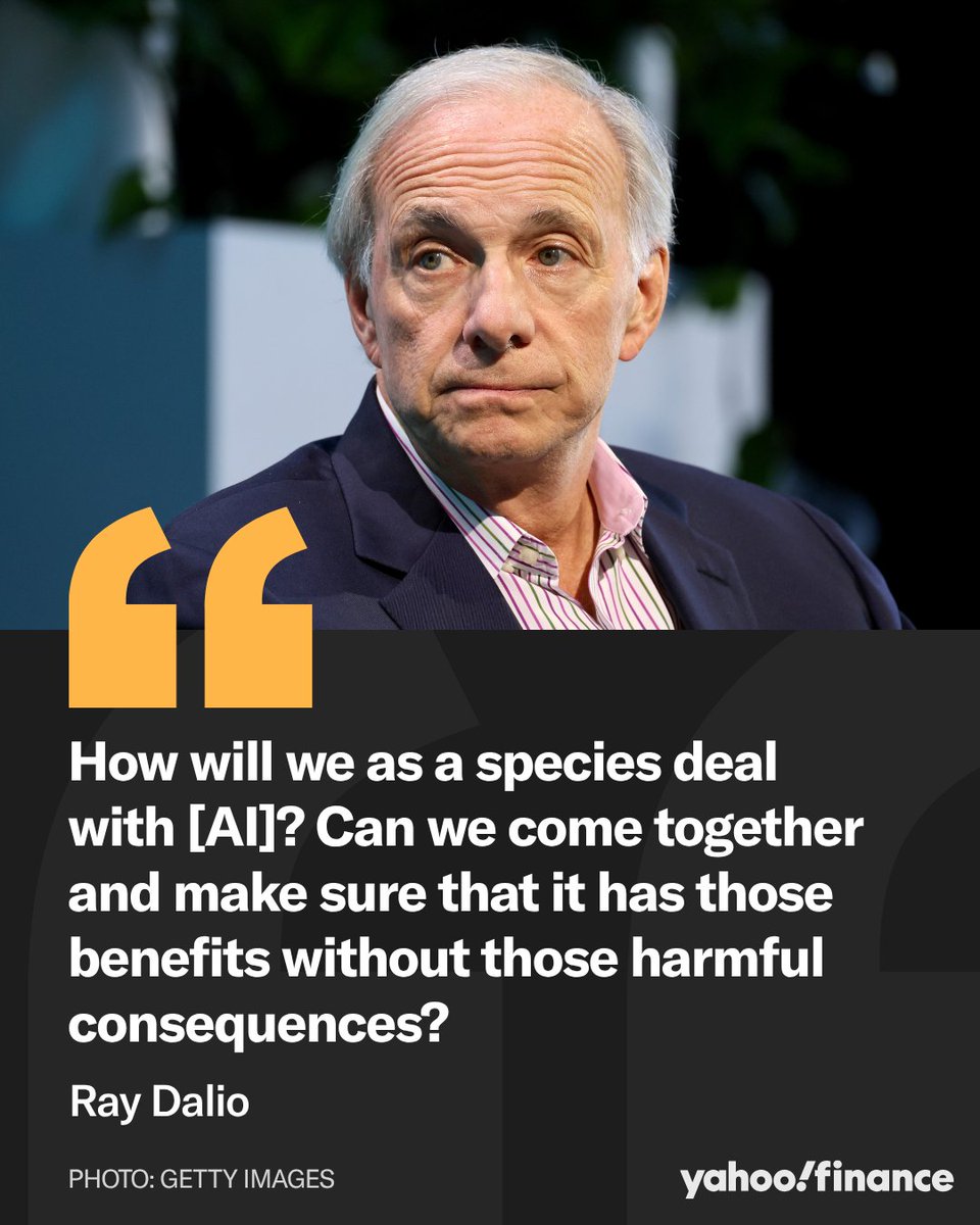 YahooFinance's tweet photo. .@RayDalio's take on AI is split down the middle: a historic productivity boom for some, and a bubble with painful consequences for others. 

In a new video posted by the World Economic Forum, Dalio poses a question for all of us: can we come together to get AI's benefits without the harmful side effects?