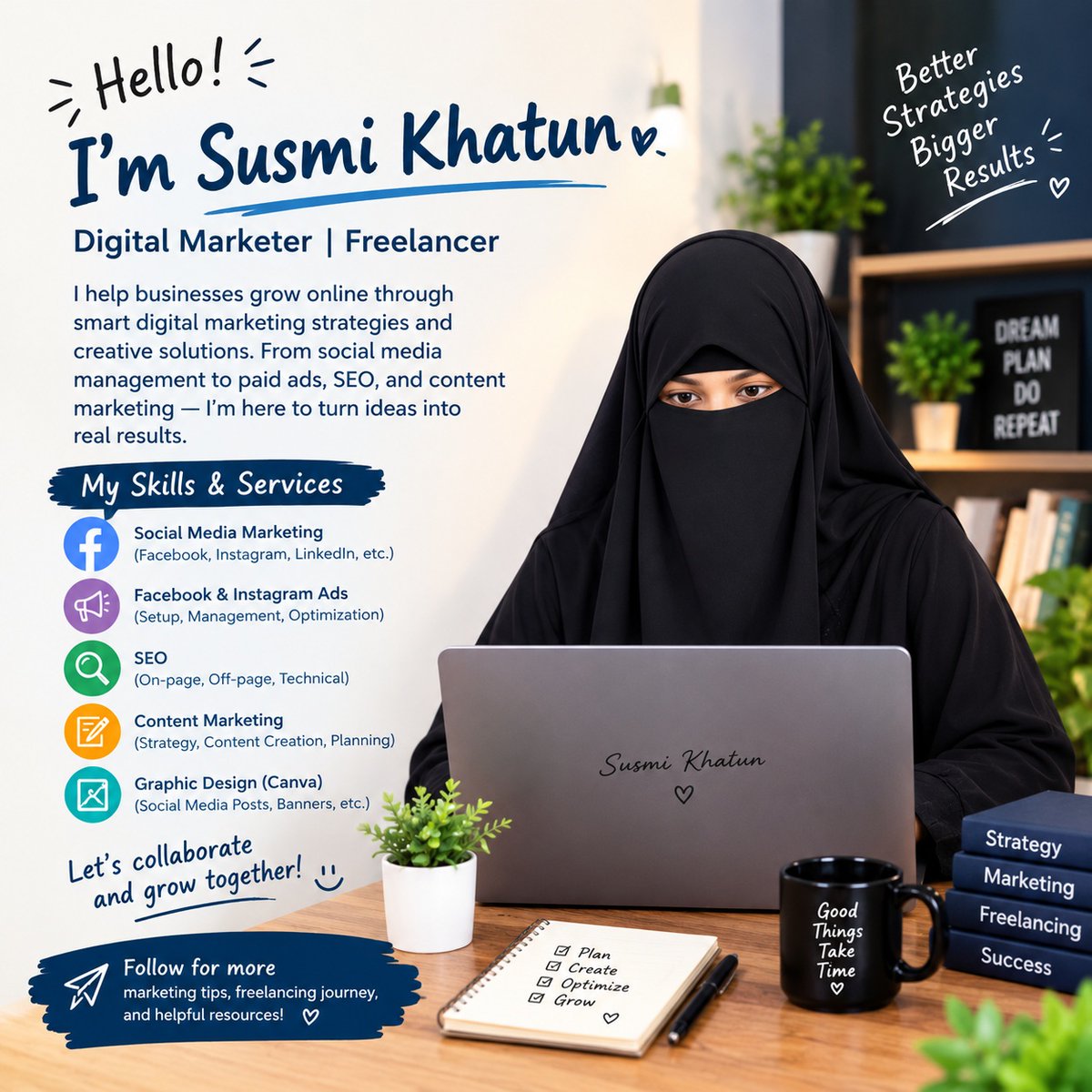 susmii0's tweet photo. Hello, I’m Susmi Khatun
Digital Marketer &amp; Freelancer helping businesses grow online. Social Media | Ads | SEO | Content | Canva
Let’s connect &amp; grow together!
#SusmiKhatun #DigitalMarketing #Freelancer #SEO #SocialMediaMarketing #Canva https://t.co/izB5ybtIYO
