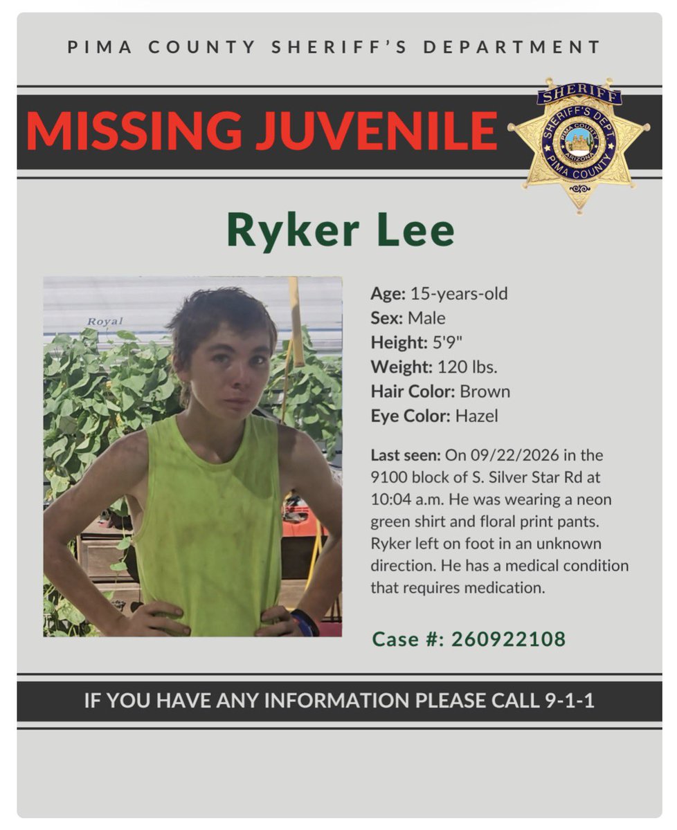 Shana__X__'s tweet photo. 🆕 New Details: Missing Ryker Wells:

Officials said Ryker Lee had been confined to a small, padlocked room inside a RV that had no running water, bathroom facilities, or air conditioning. His two younger siblings, ages 10 and 8, were found living in deplorable and unsanitary conditions inside the main residence.

The two younger children were taken into Department of Child Services custody, and 
THE SEARCH CONTINUES for 15-year-old Ryker.

Source: TV Media KGUN9 23Sept2026