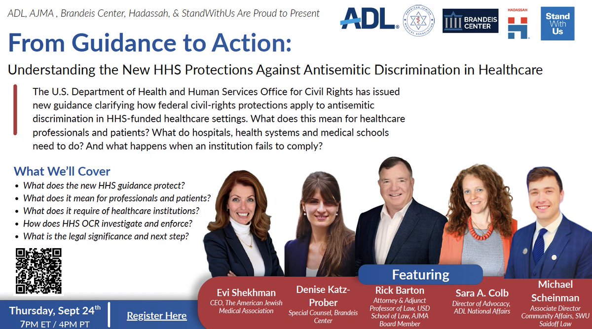 TheAJMAofficial's tweet photo. New HHS Guidance is reshaping healthcare institutions’ response to antisemitic events. Are you up-to-date on the latest?

Tomorrow, join the @brandeiscenter, @Hadassah, @ADL, and @StandWithUs) for a practical conversation, moderated by our CEO, Eveline Shekhman, on what the new HHS OCR guidance means for healthcare professionals, patients, hospitals, health systems, and medical schools.

Date: Thursday, September 24
Time: 7 PM ET

Register now: https://t.co/jTvbAxB4Ms