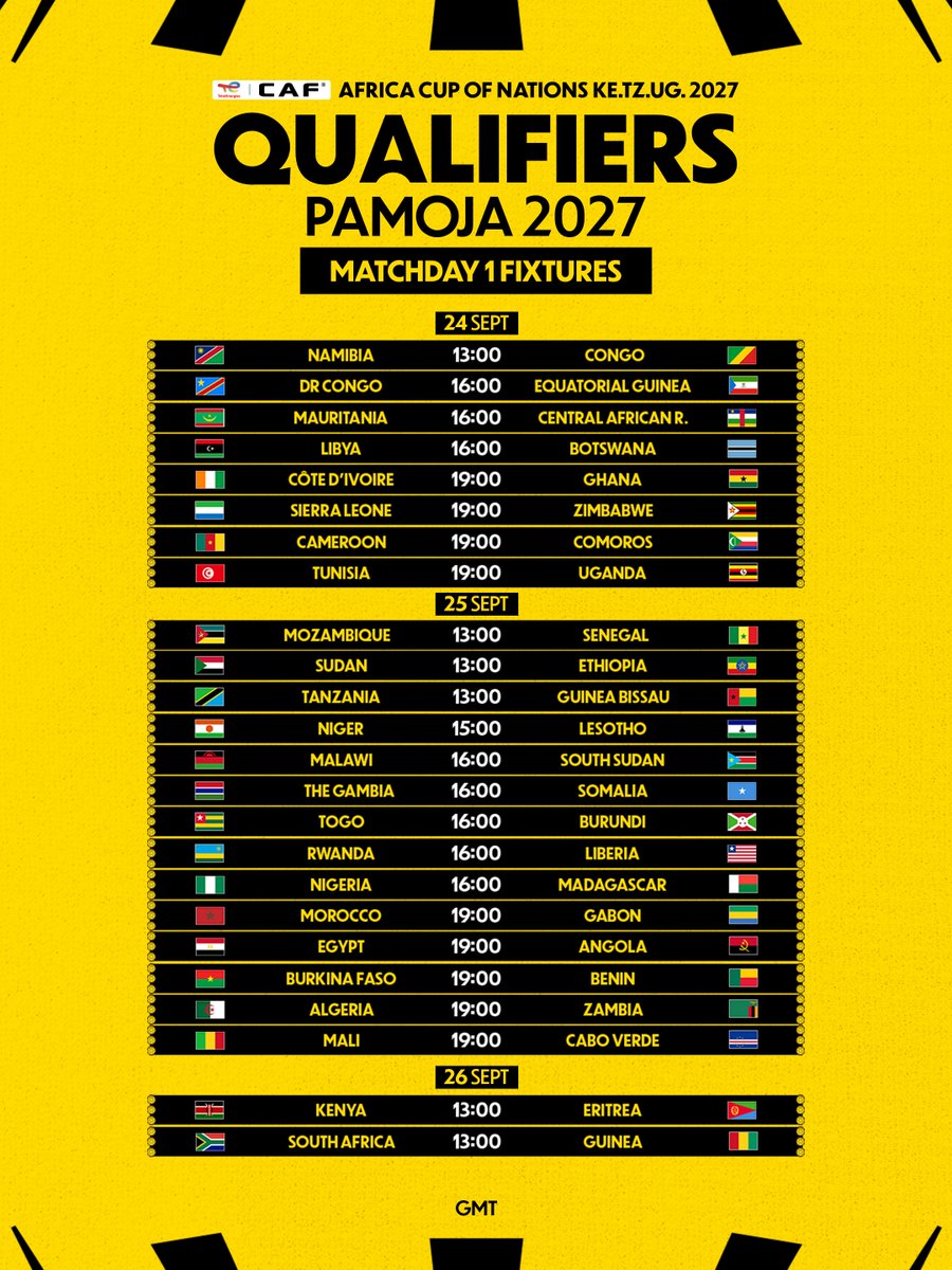 CAF_Online's tweet photo. Matchday 1 is here! 🌍

Here are the timings for the first round of the #TotalEnergiesAFCON2027 Qualifiers. https://t.co/RlbOneZXJv