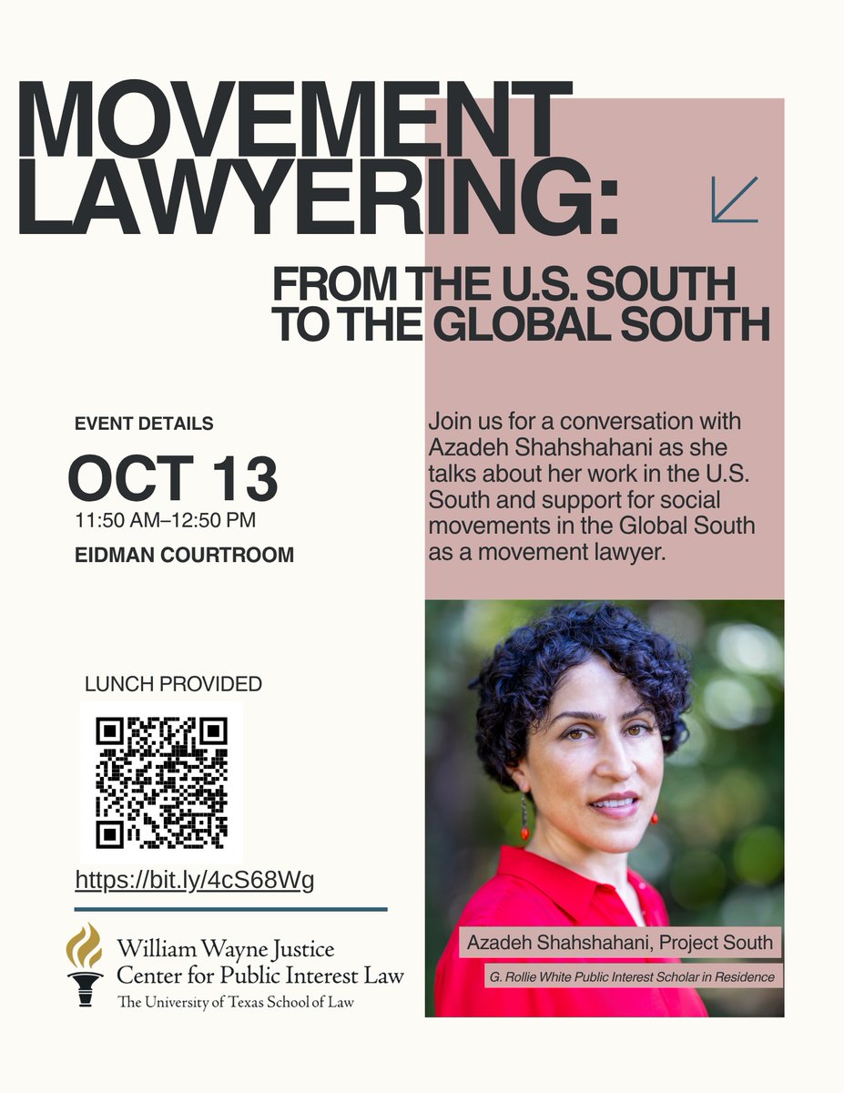 ashahshahani's tweet photo. Honored to visit the University of Texas School of Law in October as the G. Rollie White Public Interest Scholar in Residence! https://t.co/JPjHVs7jjg

Here's the info re my public lecture on October 13th. If you're in the area, please join us (Registration QR code on the flyer). https://t.co/1TpVOQRi13