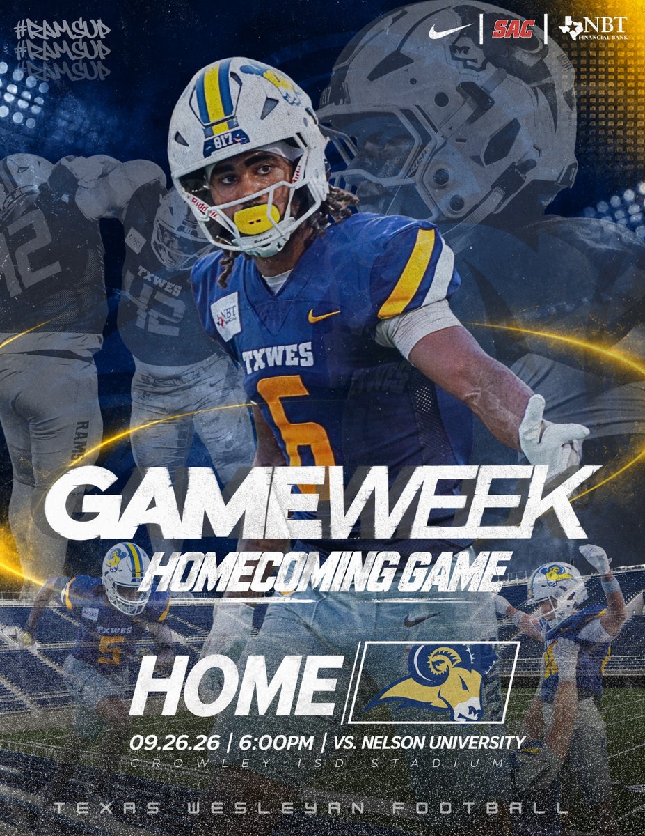 TxWesFootball's tweet photo. It’s not just Game Week...it’s HOMECOMING Game Week. 🏈🔥

The Rams are back home and ready for Nelson University. See y’all Saturday night!

#RamsUp #TXWESFootball #Homecoming #GameWeek #TXWES https://t.co/EBTS4g66hz