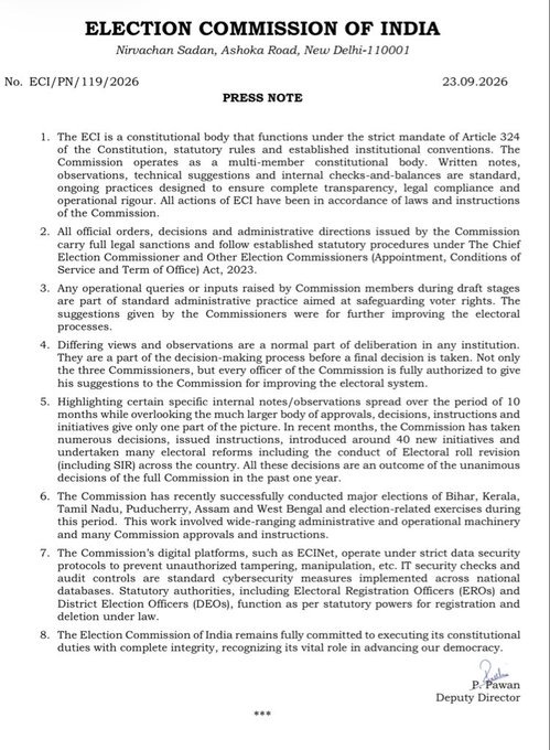 ShashiTharoor's tweet photo. So the ECI has now responded to the @IndianExpress investrigation by saying that internal observations are a normal part of deliberation, that its decisions follow the law, that its digital systems have security controls, and that the Commission's decisions over the past year were unanimous.

However, the press note (attached) does not appear to answer several of the specific questions raised in the investigation.

In particular:

Were the reported 14 objections actually recorded, and what was the disposition of each?
What was the specific legal basis for the changes to Form-6, particularly after objections were recorded by Commissioners?
What happened to the concerns regarding centralisation of electoral-roll database access and IT control?
What is the ECI's explanation for the reported Goa case involving 97 voters?
Who authorised the appeals concerning voters whose inclusion had been restored, and under what procedure?
What were the circumstances behind the reported communications to the Cabinet Secretary?
Were any communications issued in the name of the Commission without the requisite approval, as reported?

The distinction seems important: saying that final decisions were unanimous does not, by itself, explain what happened to objections raised during the decision-making process.

It may therefore be useful for @ECISVEEP to provide a point-by-point, documentary clarification on these matters rather than treating the general press note as a complete response to the investigation.

Given the importance of electoral institutions, these questions are worth being placed on the public record and answered transparently.